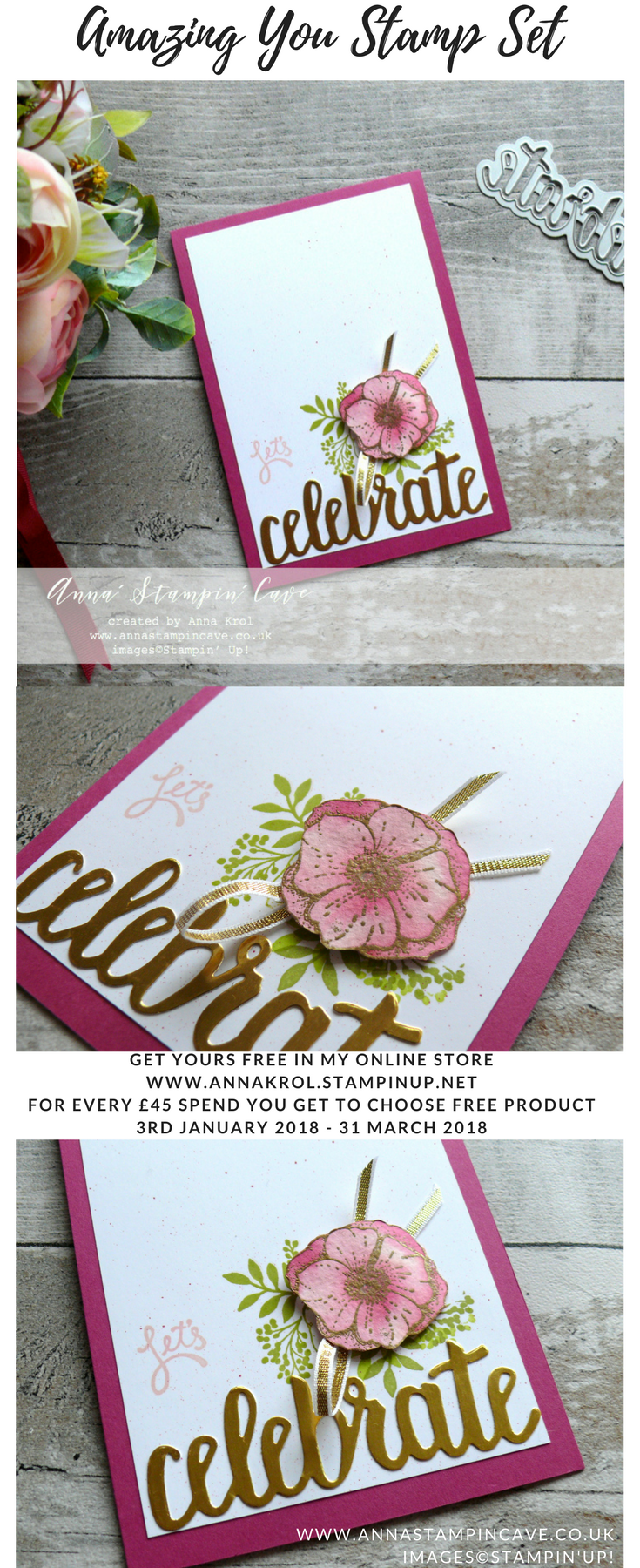 Anna' Stampin' Cave - Let's Celebrate Clean & Simple Card using Stampin' Up! Amazing You Stamp Set - Powder Pink, Berry Burst & Gold Foil