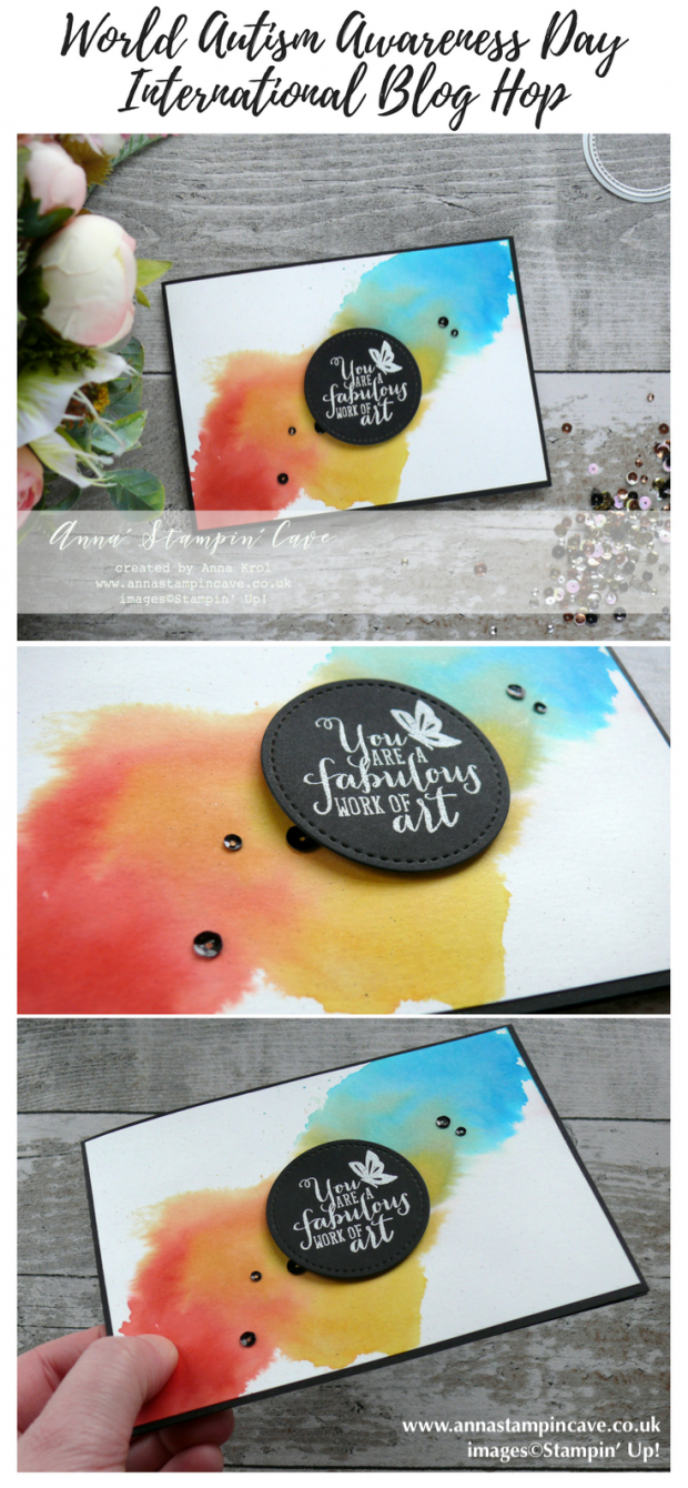 Anna' Stampin' Cave - rainbow watercolour wash using Stampin' Up! Work of Art Stamp Set for World Autism Awareness Day Blog Hop