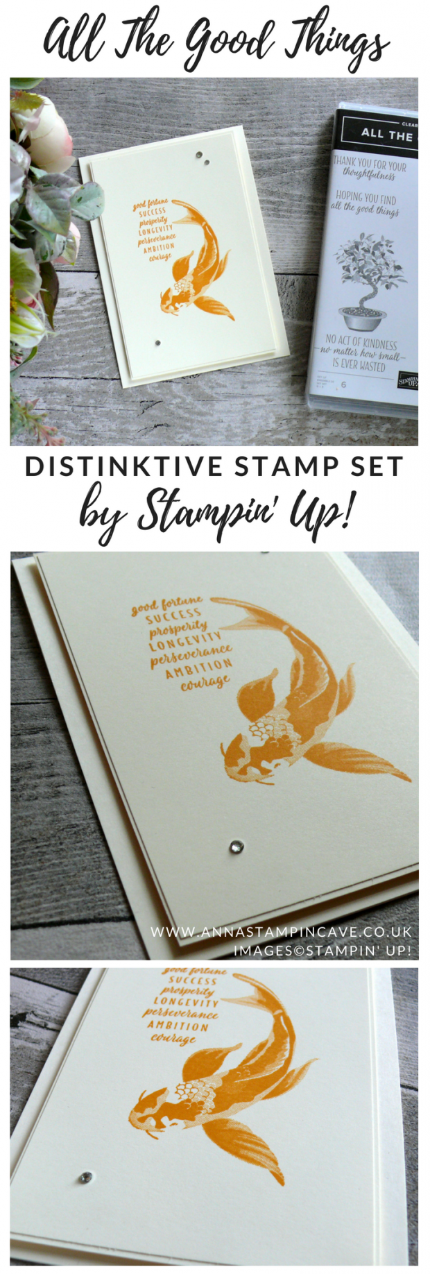 Anna' Stampin' Cave - Clean & Simple Card using All The Good Things Stampin' Up! Distinktive Stamp Set. Koi carp - Mango Melody ink pad